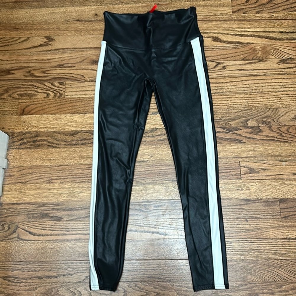 Spanx Faux Leather Tuxedo Stripe Leggings Black White Womens Large
